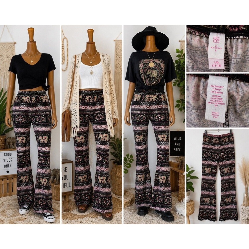 No Boundaries Boho Hipster Floral Flare Stretch Pants L 11-13 Elephant Y2K